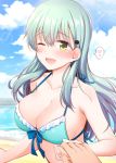  1girl ;d alternate_costume aqua_hair bangs bare_shoulders beach bikini blue_sky blush bow breasts cleavage cloud collarbone commentary_request day eyebrows_visible_through_hair green_eyes hair_between_eyes hair_ornament hairclip halterneck heart highres holding holding_hands kantai_collection large_breasts long_hair looking_at_viewer one_eye_closed open_mouth outdoors revision rui_shi_(rayze_ray) sand sky smile spoken_heart string_bikini suzuya_(kantai_collection) swimsuit water 