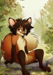  2019 4_toes animal_genitalia anthro aseethe balls brown_fur brown_hair canid canine day detailed_background fingers forest fox fur grass green_eyes hair male mammal nude outside rock sheath smile solo toes tree 