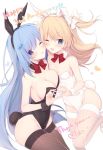  2girls ;d animal_ears asymmetrical_docking bare_arms bare_shoulders black_leotard blonde_hair blue_eyes blue_hair bow bowtie breast_press breasts brown_legwear bunny_ears bunny_tail bunnysuit cleavage collarbone commentary_request detached_collar emori_el emori_miku emori_miku_project fake_animal_ears fake_tail fishnet_legwear fishnets floating_hair hair_bow hair_ornament heart heart_hands heart_hands_duo highres large_breasts leg_up leotard long_hair looking_at_viewer medium_breasts miko_92 multiple_girls nail_polish one_eye_closed one_side_up open_mouth parted_lips purple_eyes red_neckwear shoes skindentation smile tail thighhighs thighs very_long_hair white_bow white_legwear white_leotard wrist_cuffs 