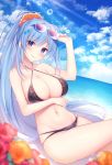  1girl bare_arms bare_shoulders bikini black_bikini blue_hair blue_sky blurry breasts chair cleavage closed_mouth cloud cloudy_sky collarbone criss-cross_halter day depth_of_field emori_miku emori_miku_project eyewear_on_head flower hair_ornament hair_scrunchie halterneck hand_on_eyewear hand_up head_tilt heart hibiscus highres horizon large_breasts lens_flare light_rays long_hair looking_at_viewer lounge_chair miko_92 nail_polish navel ocean orange_flower outdoors ponytail purple_eyes reclining red_flower scrunchie sidelocks skindentation sky smile solo sunbeam sunlight swimsuit very_long_hair wet 