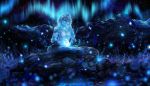  2019 amazing_background anthro aura blue_theme clothed clothing detailed_background digital_media_(artwork) eyes_closed felid fur grass hi_res isvoc lion male mammal night outside pantherine sky solo star starry_sky topless water white_fur 