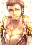  1boy beard blue_eyes blush brown_hair chest epaulettes facial_hair fate/grand_order fate_(series) highres jacket long_sleeves looking_at_viewer male_focus military military_uniform muscle napoleon_bonaparte_(fate/grand_order) open_clothes open_jacket pectorals scar simple_background smile solo uniform zuman_(zmnjo1440) 