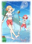  bangs braid broom day empty_pool girls_und_panzer gym_shirt gym_shorts gym_uniform highres hose medium_hair midriff multiple_girls navel open_mouth orange_hair orange_pekoe parted_bangs pool rebirth42000 red_hair rolled_up rosehip shirt short_hair shorts sky smile tied_hair tree twin_braids water wet 