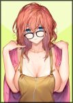  1girl apron bangs black-framed_eyewear blue_eyes breasts brown_hair cardigan_removed cleavage closed_mouth collarbone crying crying_with_eyes_open earphones eyebrows_visible_through_hair glasses highres kaguyuzu large_breasts looking_over_eyewear original pink_cardigan sidelocks signature solo tears upper_body wavy_hair 