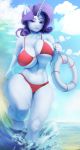  2019 5_fingers anthro anthrofied big_breasts bikini breasts cleavage clothed clothing cloud curvaceous cutie_mark equid female fingers friendship_is_magic hair hi_res horn looking_at_viewer maarthul mammal my_little_pony navel outside purple_hair rarity_(mlp) solo swimwear thick_thighs under_boob unicorn water wide_hips 