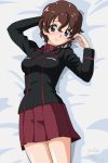  1girl akaboshi_koume arm_behind_head arms_up artist_name bangs bed_sheet black_jacket blue_eyes blush brown_hair closed_mouth dated dress_shirt eyebrows_visible_through_hair girls_und_panzer head_tilt jacket kuromorimine_military_uniform long_sleeves looking_at_viewer lying matsui_yasutsugu military military_uniform miniskirt on_back on_bed pleated_skirt red_shirt red_skirt shirt short_hair signature skirt smile solo uniform wavy_hair wing_collar 