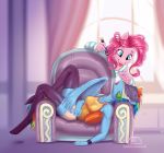  2019 anthro anthrofied armchair book bottomwear chair clothing colored_nails equid equine friendship_is_magic horse ladychimaera ladychimaerad legwear mammal marker my_little_pony nails pinkie_pie_(mlp) pony pterippus purple_nails rainbow_dash_(mlp) short_shorts shorts sleeping stockings wings 