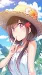  1girl bangs bare_shoulders black_hair chinese_commentary cloud copyright_request day dress eyebrows_visible_through_hair finger_to_mouth frilled_dress frills hair_over_shoulder hat hat_flwoer highres hirakuneko index_finger_raised looking_at_viewer low_twintails outdoors red_eyes solo straw_hat sun_hat sundress swept_bangs twintails upper_body white_dress 