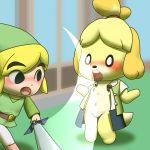  1:1 accidental_exposure animal_crossing anthro assisted_exposure blonde_hair blush bottomwear canid canine canis clothing domestic_dog duo female flat_chested fur green_clothing hair hat headgear headwear holding_object holding_sword holding_weapon humanoid hylian isabelle_(animal_crossing) male mammal melee_weapon motion_lines nintendo open_mouth pants paws pussy shih_tzu skirt super_smash_bros. surprise sword the_legend_of_zelda toon_link torn_clothing toy_dog video_games wardrobe_malfunction weapon white_bottomwear white_clothing white_pants wind_waker yellow_fur 九尾 