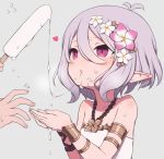  1girl antenna_hair bare_shoulders commentary_request cupping_hands flower food gamuo hair_between_eyes hair_flower hair_ornament ice_cream kokkoro_(princess_connect!) pointy_ears princess_connect! princess_connect!_re:dive purple_eyes sexually_suggestive short_hair silver_hair simple_background solo_focus upper_body 