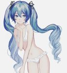  1girl bare_arms bare_shoulders black_ribbon blue_eyes blue_hair blue_nails breasts collarbone cowboy_shot curly_hair eyelashes fingernails frilled_bikini_bottom frilled_swimsuit frills grey_background hair_between_eyes hair_ribbon hatsune_miku highres leaning leaning_to_the_side light_smile long_hair looking_away navel p2_(uxjzz) ribbon simple_background small_breasts smile solo stomach swimsuit thighs twintails very_long_hair vocaloid white_swimsuit 
