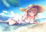  1girl adjusting_headwear amanagi_seiji bangs bare_shoulders beach blonde_hair blush breasts choker cleavage cloud collarbone day dress dress_tug eyebrows_visible_through_hair hairband hat large_breasts long_hair looking_at_viewer lying ocean on_stomach original outdoors palm_leaf sand see-through sidelocks sky solo straw_hat water wet wet_clothes white_choker white_dress 