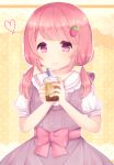  1girl bangs bow brown_background bubble_tea caramel_(caramelmilk) collarbone commentary_request cup disposable_cup dress drinking_straw eyebrows_visible_through_hair food_themed_hair_ornament hair_ornament heart highres holding holding_cup long_hair looking_at_viewer low_twintails original pink_bow pink_hair polka_dot polka_dot_background puffy_short_sleeves puffy_sleeves purple_dress purple_eyes sailor_collar shirt short_sleeves short_twintails sleeveless sleeveless_dress solo strawberry_hair_ornament twintails white_shirt 