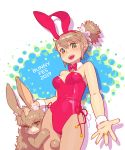  1girl 1other animal_ears bow bowtie breasts brown_hair bunny bunny_ears bunny_girl bunny_tail bunnysuit commentary_request cowboy_shot detached_collar fukusuke_hachi-gou green_eyes hand_on_another&#039;s_head highres leotard lipstick looking_at_viewer makeup open_mouth original pantyhose red_leotard red_neckwear short_hair side_ponytail small_breasts smile strapless strapless_leotard tail two-tone_background upper_teeth wrist_cuffs 
