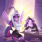  1:1 anthro anthrofied book breasts clothed clothing desk duo equid eyes_closed female friendship_is_magic horn ladychimaera ladychimaerad mammal my_little_pony starlight_glimmer_(mlp) stretching tired twilight_sparkle_(mlp) unicorn winged_unicorn wings 