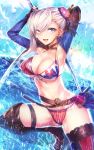  1girl american_flag_bikini asymmetrical_hair bikini boots breasts brown_gloves bun_cover cleavage commentary_request cropped_jacket fate/grand_order fate_(series) fingerless_gloves flag_print gloves hair_ornament highres large_breasts long_hair looking_at_viewer miyamoto_musashi_(swimsuit_berserker)_(fate) pink_hair silly_(marinkomoe) solo star star_print striped striped_bikini swimsuit thigh_boots thighhighs water 
