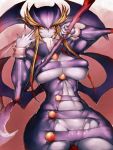  1girl bat_wings blonde_hair breasts cleavage commentary_request covered_nipples curvy fumio_(rsqkr) gradient gradient_background head_wings highres jedah_dohma large_breasts light_smile looking_at_viewer nail_polish purple_skin red_background red_eyes red_nails scythe solo thick_eyebrows thick_thighs thighs vampire_(game) vampire_savior:_the_lord_of_vampire wide_hips wings 