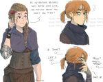  2girls a_plague_tale amicia_de_rune artist_name blue_eyes blush braid brown_hair english_text fingerless_gloves french_braid gauntlets gloves medieval melie_(a_plague_tale) multiple_girls red_hair short_hair ticcy tsundere yuri 