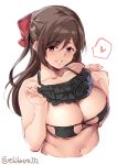  1girl ahoge bangs bikini bikini_top black_bikini black_bikini_top breasts brown_hair cleavage_cutout covered_nipples cropped_torso ebifurya eyebrows_visible_through_hair eyepatch_bikini frilled_bikini frills hair_ornament hair_ribbon hairclip heart highres kantai_collection large_breasts long_hair mamiya_(kantai_collection) navel parted_lips ponytail ribbon solo spoken_heart swept_bangs swimsuit twitter_username upper_body 