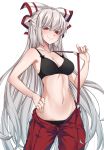  1girl bangs bare_arms bare_shoulders black_bra black_panties blush bow bra breasts cleavage collarbone colored_eyelashes cowboy_shot eyebrows_visible_through_hair fujiwara_no_mokou hair_between_eyes hair_bow hand_on_hip hand_up highres long_hair looking_at_viewer medium_breasts navel open_fly paburisiyasu panties pants pulled_by_self red_eyes red_pants silver_hair simple_background smile solo standing stomach suspenders suspenders_pull touhou underwear uneven_eyes v-shaped_eyebrows very_long_hair white_background white_bow 