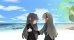  2girls :d bangs beach black_hairband black_jacket blue_sky brown_hair closed_eyes closed_mouth cloud cloudy_sky day dokomon eyebrows_visible_through_hair facing_another girls_frontline green_jacket hair_between_eyes hair_ornament hairband highres horizon jacket long_hair long_sleeves multiple_girls ocean open_mouth outdoors palm_tree profile sand short_over_long_sleeves short_sleeves sky smile tears tree ump40_(girls_frontline) ump45_(girls_frontline) upper_body very_long_hair water 