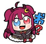  1girl :d ahoge bangs bkub black_dress blue_eyes blush capelet chibi commentary crescent crescent_hair_ornament demon_wings dot_nose dress fang frilled_dress frills full_body hair_ornament hairclip heterochromia horns long_hair long_sleeves nijisanji open_mouth red_eyes red_footwear red_hair simple_background sitting skin_fang sleeves_past_wrists smile solo two_side_up white_background wings yuzuki_roa 