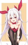  1girl animal_ears ass_visible_through_thighs azur_lane bangs bare_shoulders black_legwear blush bow bowtie breasts bunny_ears bunny_girl bunnysuit cameltoe cleavage collarbone detached_collar eyebrows_visible_through_hair fang hair_between_eyes hair_ribbon hands_on_own_thighs hanging_breasts highres hong_jo leaning_forward leotard long_hair looking_at_viewer no_bra open_mouth orange_background pantyhose red_eyes red_leotard red_neckwear red_ribbon ribbon shiny shiny_hair sidelocks slit_pupils small_breasts smile solo tareme thigh_gap tongue twintails two-tone_background vampire_(azur_lane) very_long_hair white_background white_hair wrist_cuffs 