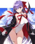 1girl aiko_(kanl) bb_(fate)_(all) bb_(swimsuit_mooncancer)_(fate) black_coat blue_sky breasts cloud cowboy_shot fate/grand_order fate_(series) gloves large_breasts leaning_forward leotard long_hair looking_at_viewer popped_collar purple_eyes purple_hair signature sky smile solo standing thigh_gap wand white_gloves white_leotard 