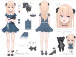  +++ 1girl :&lt; :d bangs black_bow black_choker black_footwear blonde_hair blue_dress blue_eyes bow character_sheet chibi choker closed_mouth commentary_request copyright_request dress eyebrows_visible_through_hair fang frilled_dress frills hair_between_eyes hair_bow high_heels kanju long_hair multiple_views object_hug open_mouth shoes short_sleeves smile stuffed_animal stuffed_toy teddy_bear translation_request two_side_up virtual_youtuber white_bow 