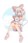  1girl ahoge animal_ear_fluff animal_ears full_body highres hug jerry3912 knees_together_feet_apart mouse_ears mouse_tail object_hug open_mouth original pink_footwear shirt shoes short_hair short_shorts shorts silver_eyes silver_hair sitting smile solo stuffed_animal stuffed_toy tail thighs toes white_shirt 