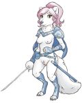  2019 4_toes 5_fingers anthro arctic_fox areola breasts canid canine cape clothing digitigrade female fingers fox hair landing_strip mammal melee_weapon nipples nude paladin pink_hair pussy solo sword toes unimpressive_(artist) weapon yellow_eyes 