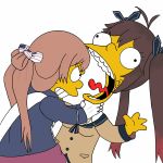  2girls angry artist_request asphyxiation choking commentary_request girls_frontline gloves highres korean_commentary m14_(girls_frontline) m1903_springfield_(girls_frontline) matt_groening_(style) multiple_girls open_mouth school_uniform serafuku the_simpsons tongue tongue_out twintails 