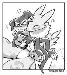  &lt;3 anthro blush digimon digimon_(species) duo female hug impmon larger_female male pokyuii renamon size_difference smaller_male 