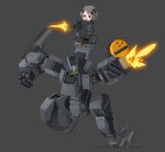  1girl 1other chibi clenched_hand commentary_request firing glowing glowing_eye gun korean_commentary machine_gun mecha mechanical_arm original ran_system robot robot_joints robotic_legs running weapon 