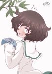  /\/\/\ 1girl akiyama_yukari artist_name bamboo bangs blouse blush brown_eyes brown_hair caught commentary constricted_pupils eyebrows_visible_through_hair from_behind frown girls_und_panzer green_skirt hadzuki_haru highres holding holding_paper long_sleeves looking_at_viewer looking_back messy_hair ooarai_school_uniform open_mouth oversized_clothes paper school_uniform serafuku short_hair signature simple_background skirt sleeves_past_fingers sleeves_past_wrists solo standing surprised tanabata translated white_background white_blouse 
