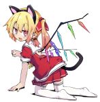  1girl all_fours animal_ears back_cutout bangs blonde_hair cat_ears cat_tail crystal dress eyebrows_visible_through_hair fake_animal_ears fang flandre_scarlet from_behind full_body hair_ribbon jitome looking_at_viewer medium_hair no_shoes noya_makoto paw_pose pleated_skirt pointy_ears red_dress red_eyes red_ribbon red_skirt ribbon sailor_collar short_sleeves side_ponytail sidelocks simple_background skin_fang skirt slit_pupils solo tail thighhighs touhou white_background white_legwear wings 