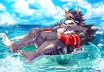  2019 anthro bulge canid canine canis clothed clothing cloud detailed_background floating fur grey_fur hand_on_knee inner_tube male mammal neck_tuft ohayashi55 solo swimwear tattoo temujin tokyo_afterschool_summoners tongue tongue_out topless tuft video_games water wolf 