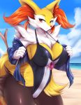  2019 ? anthro beach big_breasts blush braixen breasts camel_toe canid canine clothed clothing cloud digital_media_(artwork) eyelashes female fur hi_res inner_ear_fluff looking_at_viewer mammal mleonheart multicolored_fur nintendo nipple_outline one-piece_swimsuit outside pok&eacute;mon pok&eacute;mon_(species) pok&eacute;morph seaside sky solo stick swimwear video_games white_fur yellow_fur 