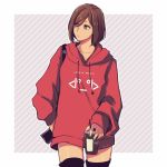  1girl bag brown_eyes brown_hair casual collarbone commentary cowboy_shot cup disposable_cup drawstring drinking_straw english_commentary expressionless holding holding_cup hood hoodie looking_to_the_side meiko red_hoodie short_hair shoulder_bag solo striped striped_background tan thighhighs vocaloid yen-mi zettai_ryouiki 