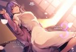  1girl ass bangs blush breasts dress fate/stay_night fate_(series) hair_between_eyes hair_ribbon lighting long_hair looking_at_viewer lying matou_sakura nanao_(mahaya) parted_lips petals purple_hair red_eyes ribbon short_sleeves shouji sliding_doors smile solo thighs white_dress 