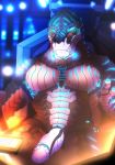  absurd_res anthro cybernetics cyborg erection glowing glowing_eyes hi_res looking_at_viewer machine male muscular muscular_male nude scalie sitting solo tanks_(artist) 