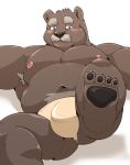  2019 absurd_res anthro armpit_hair belly blush brown_fur bulge clothing fur hi_res jumperbear lying male mammal moobs navel nipples overweight overweight_male simple_background solo underwear ursid white_background 