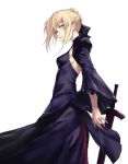  1girl applekun artoria_pendragon_(all) black_bow blonde_hair bow breasts choker cleavage dark_excalibur fate/stay_night fate_(series) from_side hair_between_eyes hair_bow highres long_hair long_skirt long_sleeves looking_at_viewer planted_sword planted_weapon purple_skirt saber_alter simple_background skirt small_breasts solo sword weapon white_background wide_sleeves yellow_eyes 