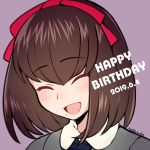  1girl artist_name bangs blush bob_cut closed_eyes do_m_kaeru eyebrows_visible_through_hair hair_ribbon happy_birthday mole mole_under_mouth open_mouth persona persona_1 portrait purple_background red_ribbon ribbon short_hair signature simple_background smile solo sonomura_maki 