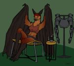  abs anthro armor chiropteran clothed clothing eyes_closed female fur greasymojo hair hi_res mammal sitting smile solo wings 