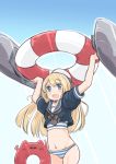  1girl 1other alternate_costume arms_up bikini blonde_hair blue_eyes blue_sailor_collar blue_sky commentary_request cowboy_shot cropped_jacket enemy_lifebuoy_(kantai_collection) enjaku_izuku gradient_sky hat highres jervis_(kantai_collection) kantai_collection lifebuoy long_hair looking_at_viewer sailor_collar sailor_hat sky striped striped_bikini swimsuit white_headwear 