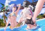  aircraft airplane armpits bangs beach bikini black_bikini blue_eyes blue_sky blush breasts c-130_hercules closed_mouth cloud eyebrows_visible_through_hair flower girls_frontline grey_hair grin hair_flower hair_ornament hand_on_own_head heterochromia highres large_breasts leaning_forward long_hair looking_at_viewer mdr_(girls_frontline) multicolored multicolored_bikini multicolored_clothes multicolored_hair multiple_girls navel ocean outdoors palm_tree red_eyes sand self_shot short_hair sidelocks silver_hair sky smile stomach streaked_hair sunglasses swimsuit thompson_(girls_frontline) tmtm3327 tree v wading 