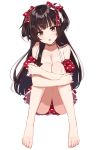  bangs bare_shoulders barefoot bikini black_hair blunt_bangs blush breasts brown_eyes cleavage feet heart heart_print highres idolmaster idolmaster_shiny_colors long_hair looking_at_viewer mayuzumi_fuyuko medium_breasts misumi_(macaroni) open_mouth red_bikini simple_background sitting sketch solo swimsuit two_side_up white_background 