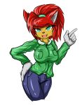  2015 anthro big_breasts blue_eyes bottomwear breasts canid canine clothed clothing female fox fully_clothed gloves hair hand_on_butt handwear hi_res leina_lee long_hair looking_at_viewer mammal open_mouth pants ponytail red_hair shirt simple_background slit_pupils solo tailzkim teeth tongue topwear white_background 