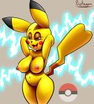  absurd_res anthro big_breasts blush breasts brown_eyes female fur hands_behind_head hi_res lightning looking_at_viewer mammal nintendo nipples nude open_mouth pikachu pok&eacute;mon pok&eacute;mon_(species) protagon pussy simple_background smile solo standing thick_thighs tongue video_games wide_hips yellow_fur 